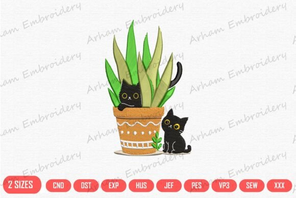 Black Cats and Houseplant: A Charming Embroidery Design for Personalized Gifts