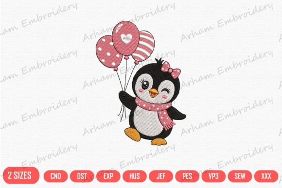 Cute Penguin with Balloons: A Joyful Embroidery Design for Personalized Gifts