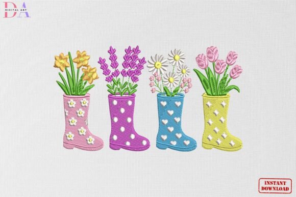 Spring Floral Rain Boot Bouquet: A Fresh Embroidery Design for Seasonal Joy