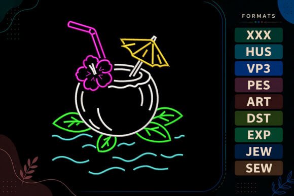 Tropical Coconut Drink Summer Embroidery Design